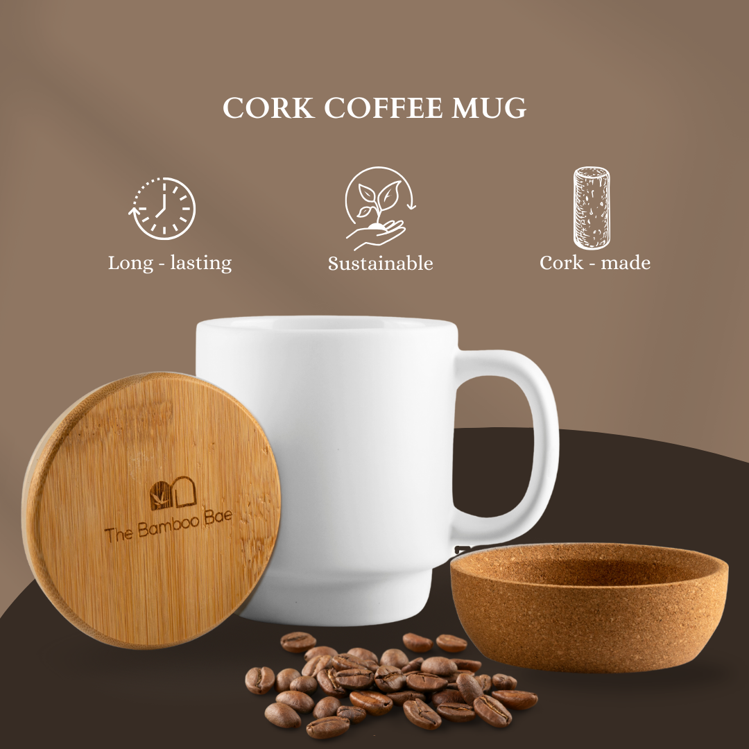 Cork Coffee Mug | Cork Base Bamboo Lid Porcelain Mug