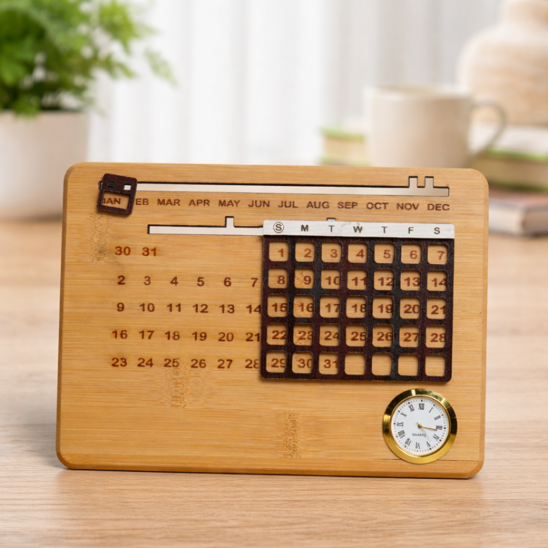 Reusable Bamboo Perpetual Calendar with Clock for Desk – Sustainable & Elegant Office Decor