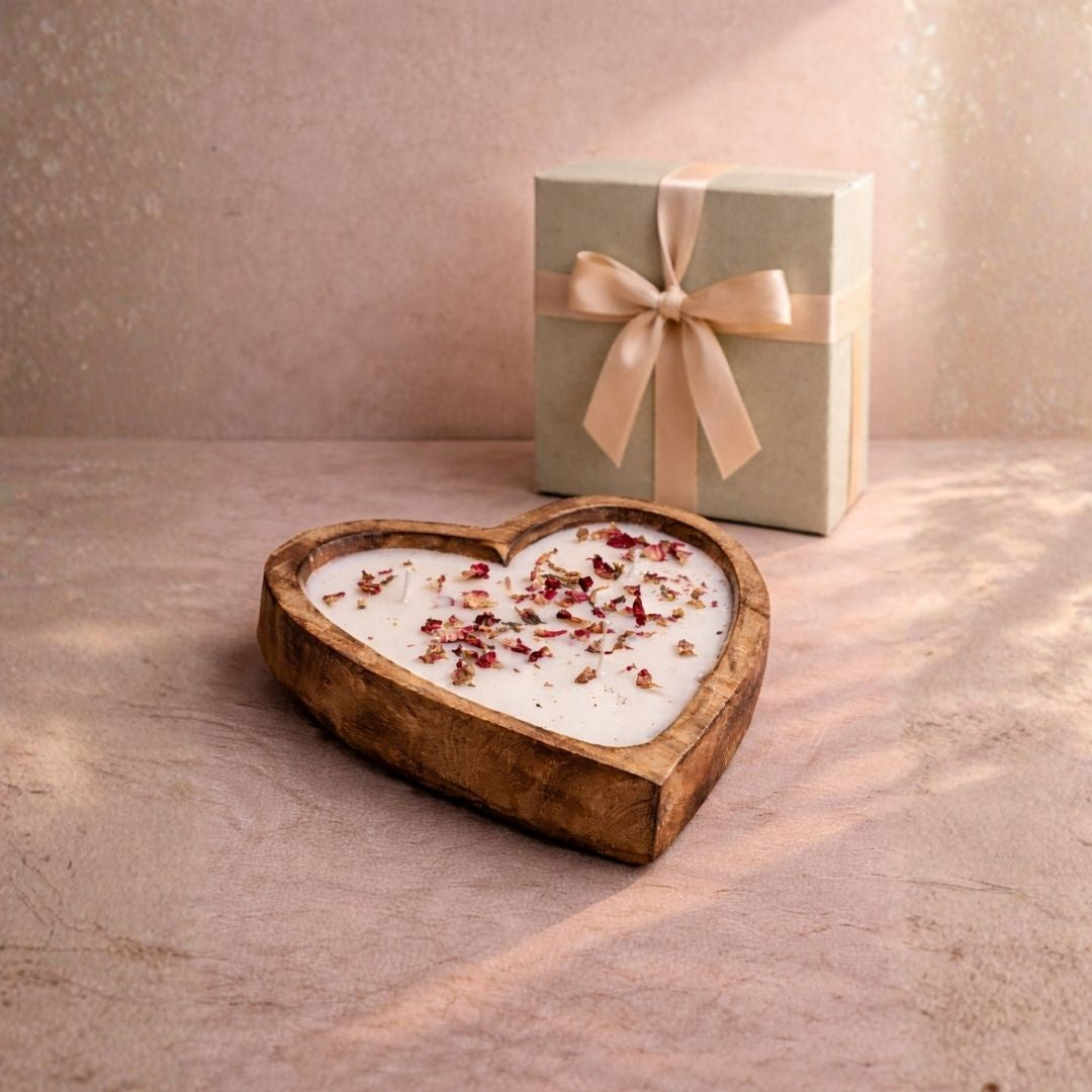 Valentine Heart Soy Wax Candle in Handcrafted Wooden Bowl | Romantic Eco-Friendly Gift