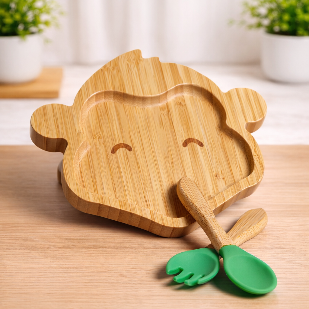 Monkey Shape Bamboo Feeding Plate with Fork & Spoon | The Bamboo Bae