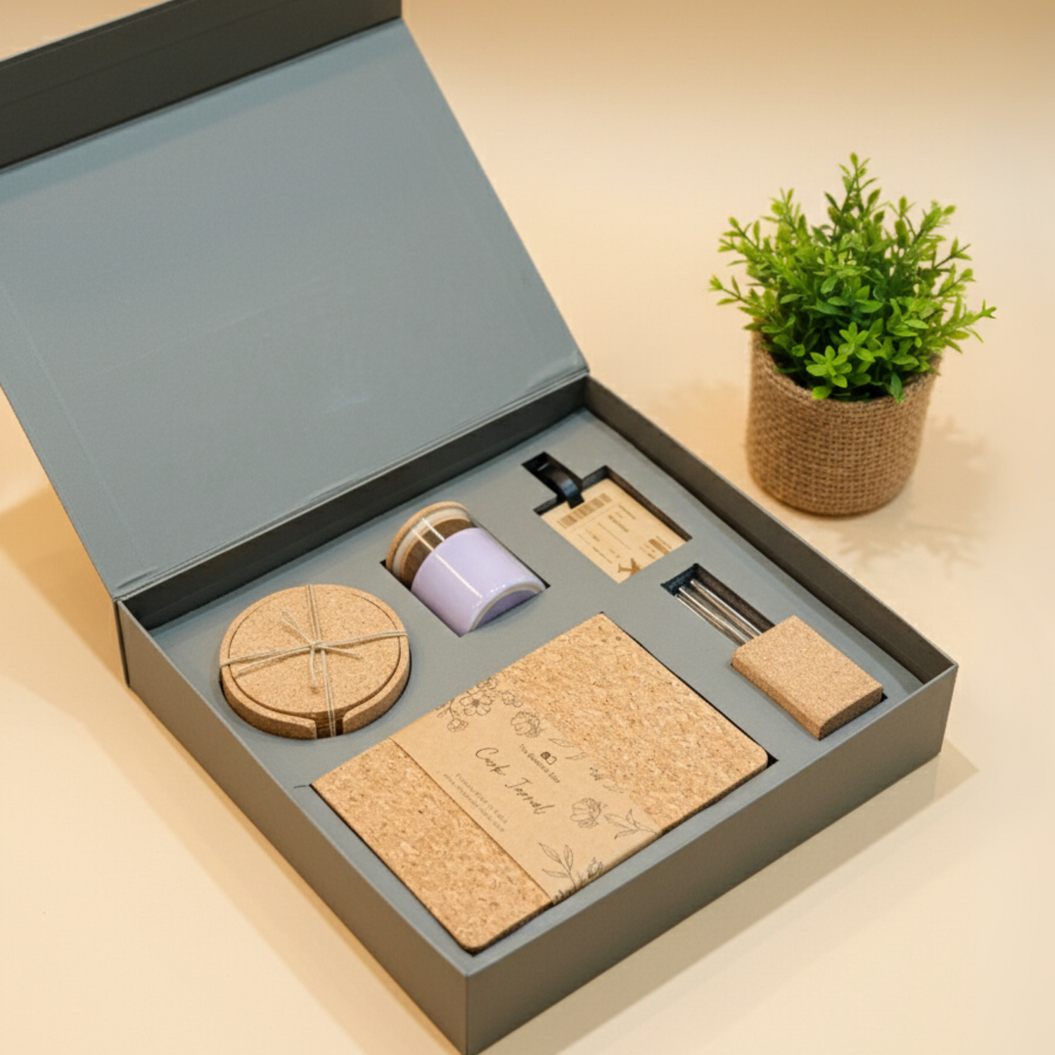 Eco-friendly gift hamper box with cork diary, coaster set, planter, candle, and pen – sustainable corporate gifting option.