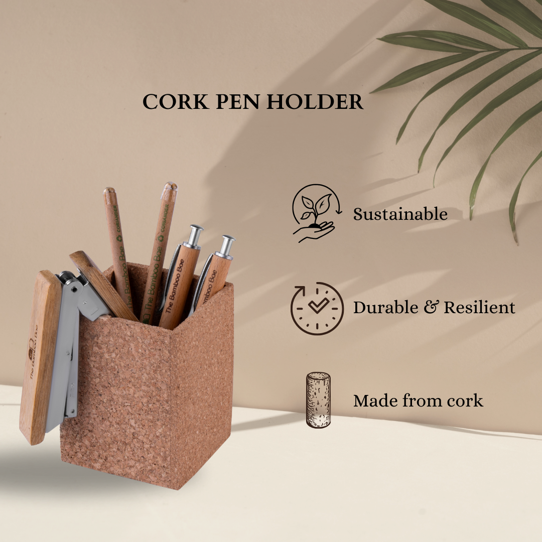 Eco-friendly square cork stand – sustainable cork desk organizer for office, home, or gifting.
