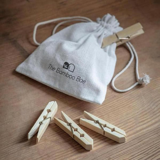 Bamboo Clothes Peg with Reusable Bag | Eco Friendly Plastic Free Clothes Pin | Pack of 20