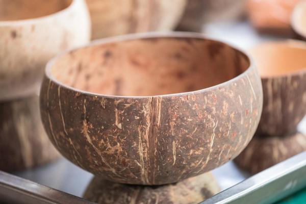 Handcrafted coconut shell snack bowl with gloss finish – sustainable and reusable bowl for dining and serving.