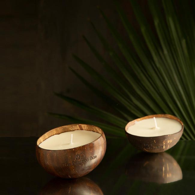 Eco-friendly soy wax candle in natural coconut shell bowl – reusable, paraffin-free, and long-lasting.