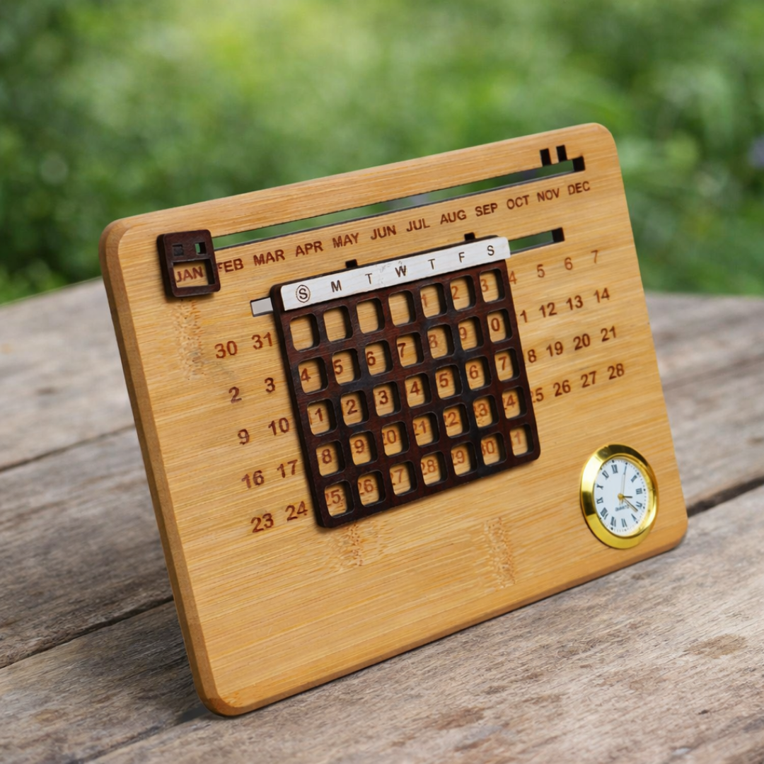 Reusable Bamboo Perpetual Calendar with Clock for Desk – Sustainable ...