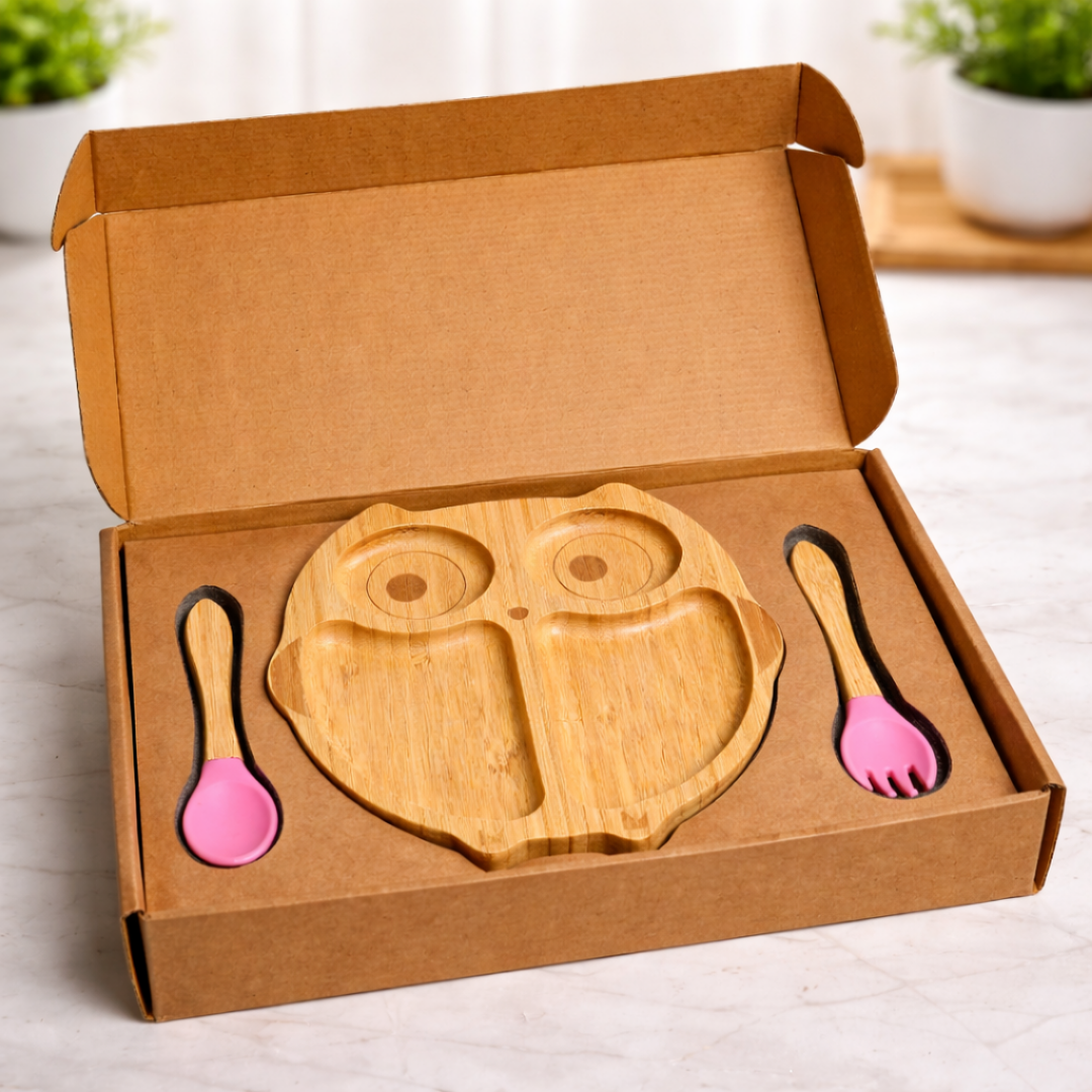 Owl Shape Bamboo Feeding Plate with Fork & Spoon | The Bamboo Bae
