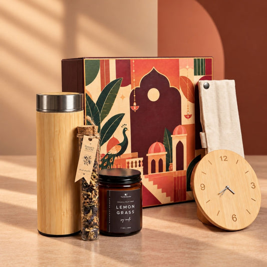 Bamboo Bottle, Wooden Clock & Scented Candle Hamper - Festive Gifting by The Bamboo Bae