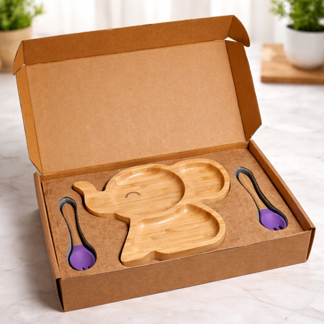 Elephant Shape Bamboo Feeding Plate with Fork & Spoon | The Bamboo Bae