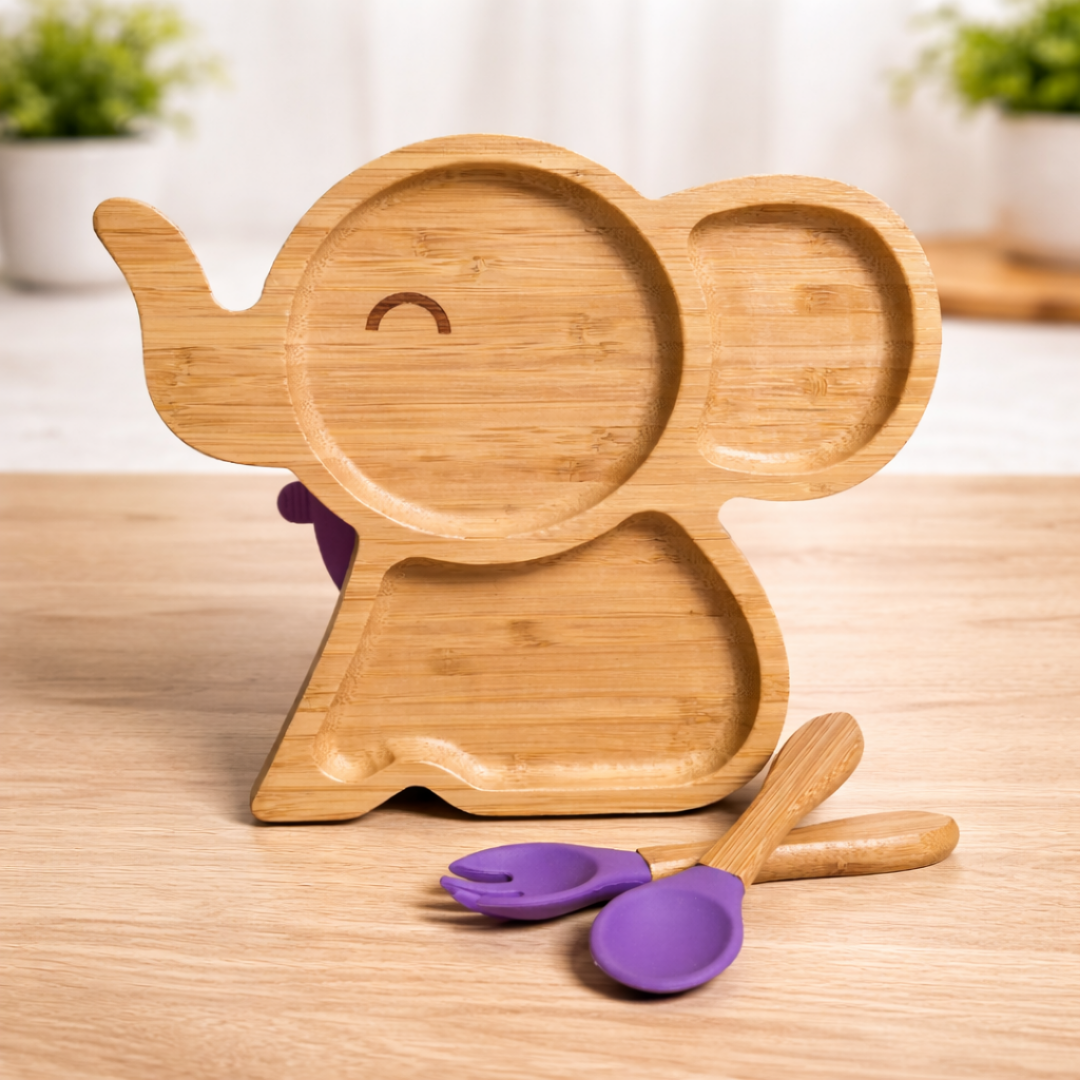 Elephant Shape Bamboo Feeding Plate with Fork & Spoon | The Bamboo Bae