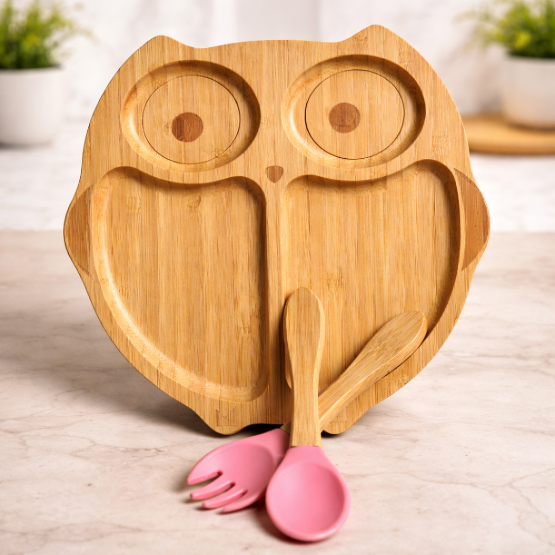 Owl Shape Bamboo Feeding Plate with Fork & Spoon | The Bamboo Bae