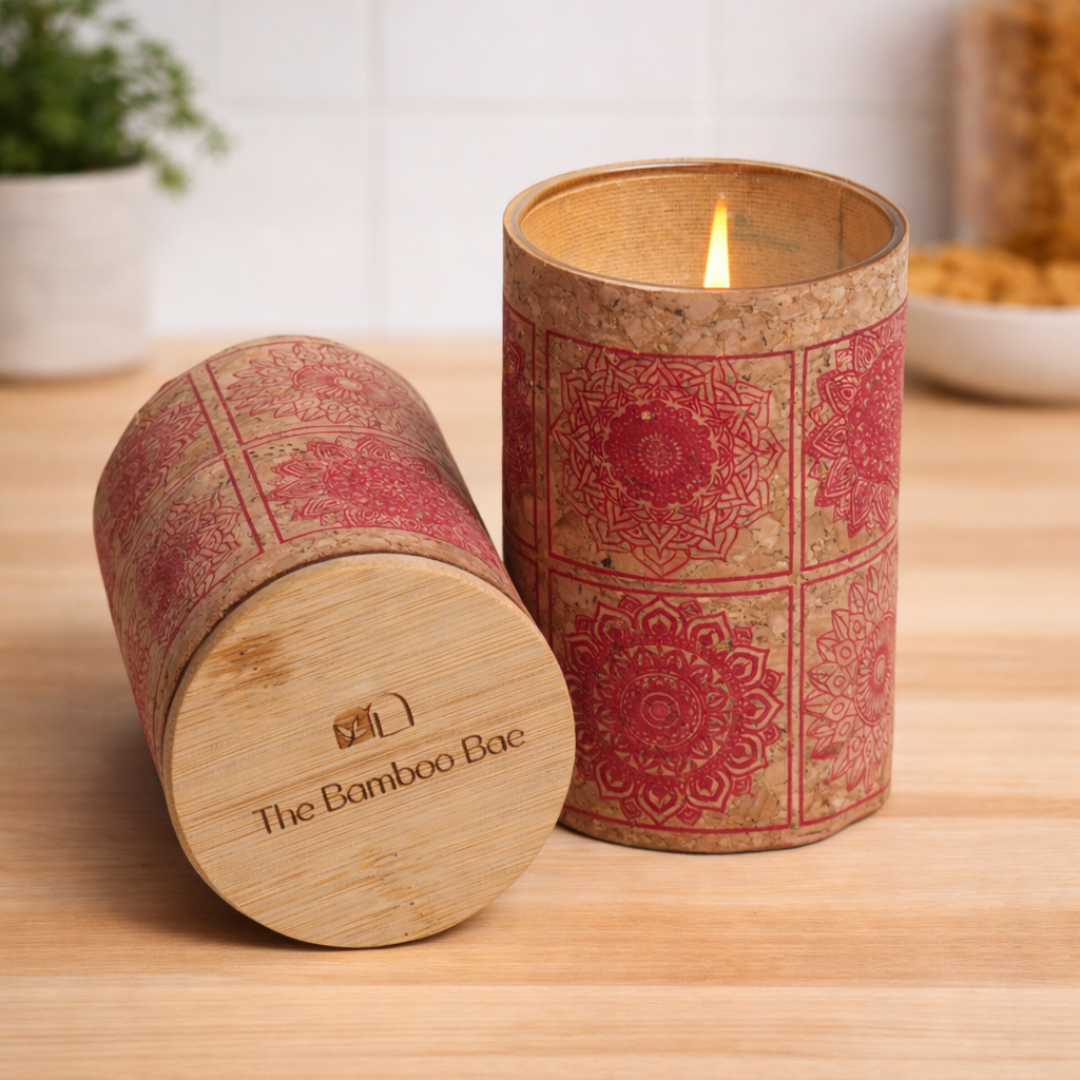 Mandala Cork Soy Wax Candle with Bamboo Lid | Eco-Friendly Aromatherapy Home Décor Candle