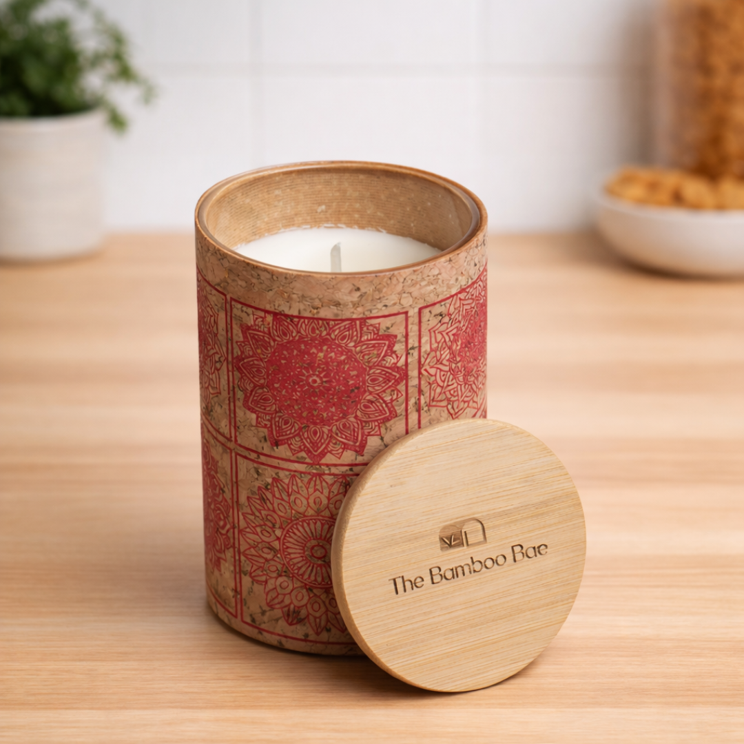 Mandala Cork Soy Wax Candle with Bamboo Lid | Eco-Friendly Aromatherapy Home Décor Candle