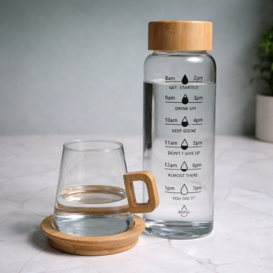 Elegant Glass Bottle with Bamboo Lid and Saucer – Sustainable Hydration Solution