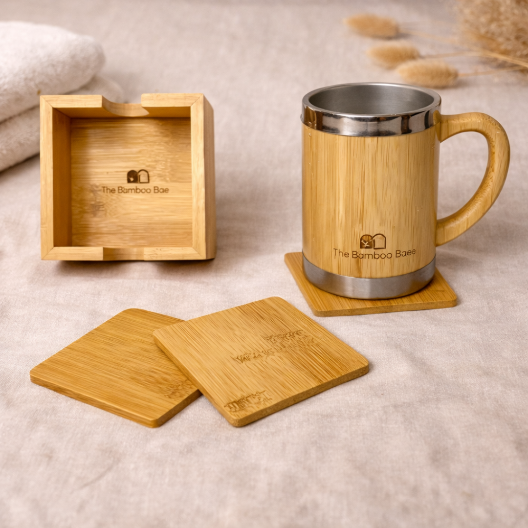 Bamboo Coaster Set with Holder | Natural Wooden Tea & Coffee Coasters (Reusable & Eco-Friendly) image 1