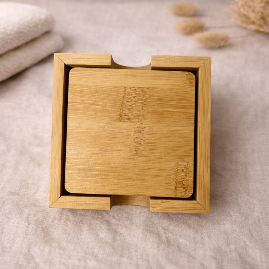 Bamboo Coaster Set with Holder | Natural Wooden Tea & Coffee Coasters (Reusable & Eco-Friendly) image 2
