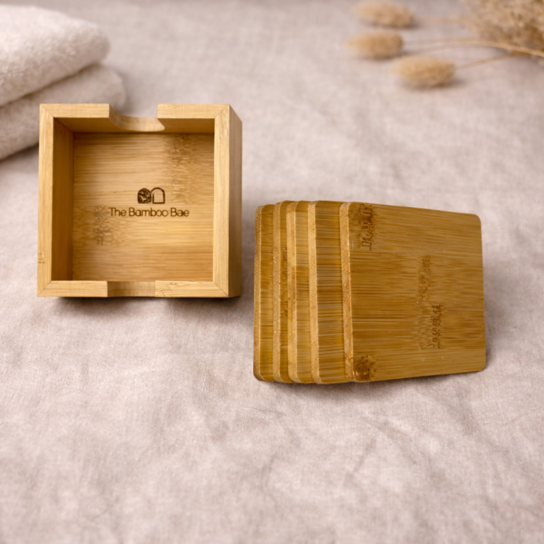 Bamboo Coaster Set with Holder | Natural Wooden Tea & Coffee Coasters (Reusable & Eco-Friendly) image 3