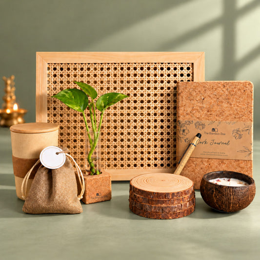 Cork Journal, Drinkware & Coconut Shell Candle Set - Festive Gifting by The Bamboo Bae
