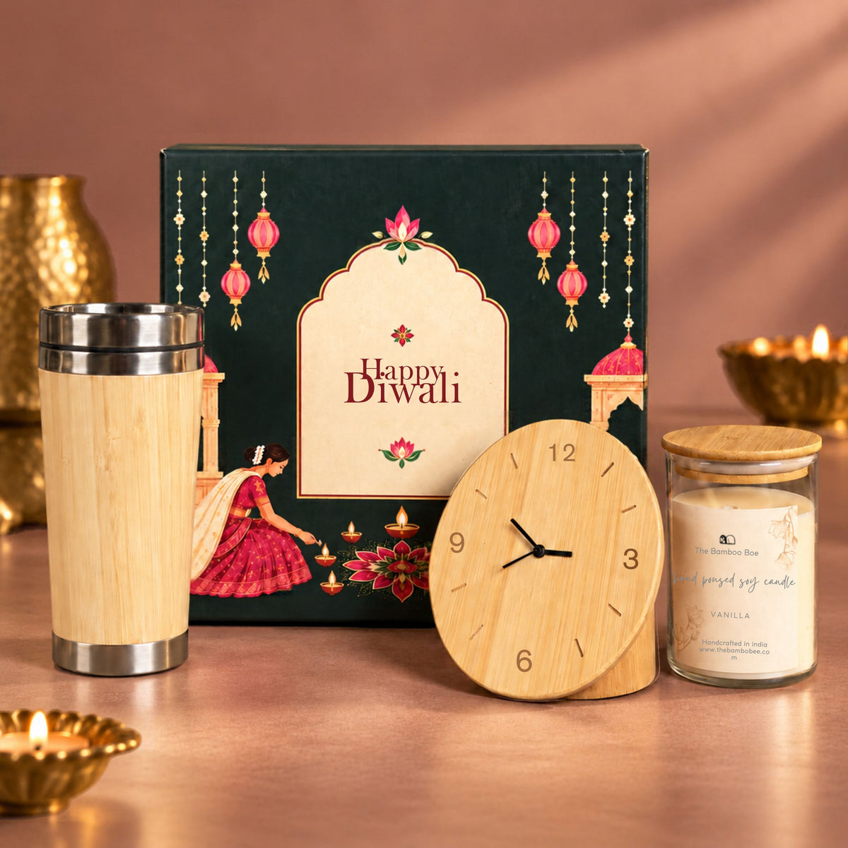 Bamboo Bottle, Wooden Clock & Vanilla Soy Candle Set - Festive Gifting by The Bamboo Bae