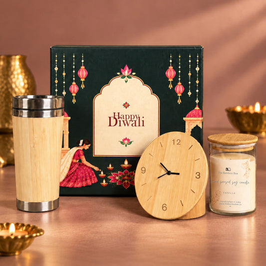 Bamboo Bottle, Wooden Clock & Vanilla Soy Candle Set - Festive Gifting by The Bamboo Bae