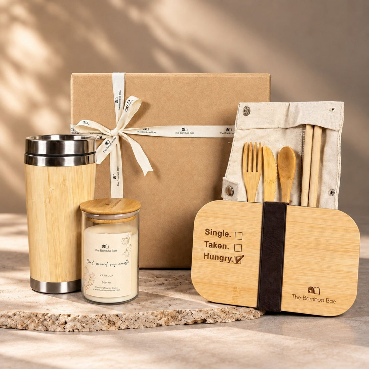 Bamboo Lunch Box, Travel Mug & Vanilla Soy Candle Set - Festive Gifting by The Bamboo Bae