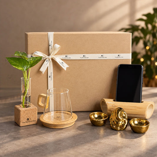Bamboo Sound Amplifier, Mug, Diya Holder & Cork Planter Hamper - Festive Gifting by The Bamboo Bae