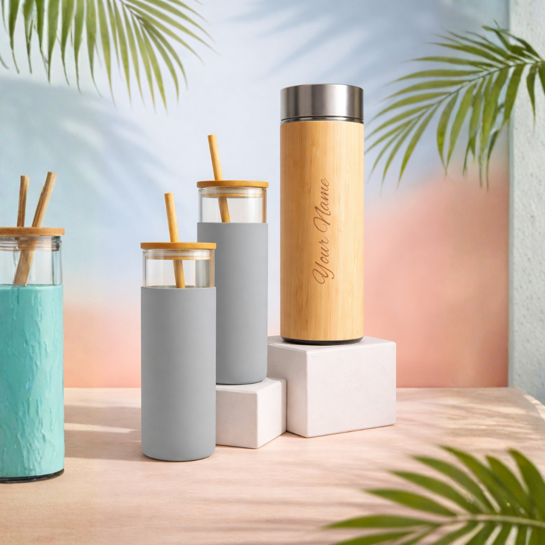 Valentine Hydration Gift Set – Bamboo Bottle & Glass Tumbler Trio