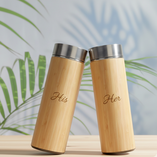 Valentine Couple Bamboo Bottle Set – Personalised His & Her Gift