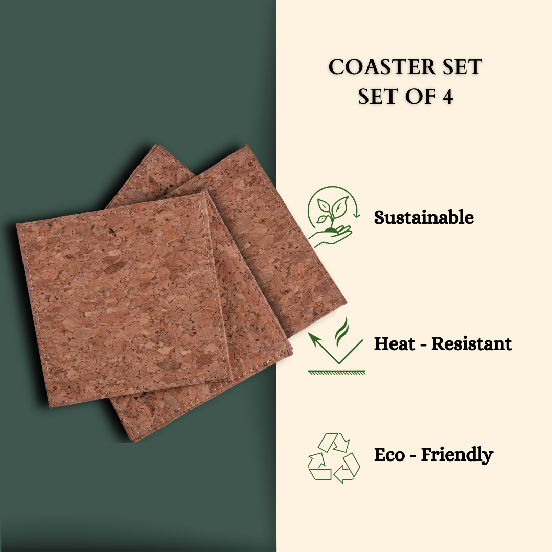 Cork Square Coaster Set | 4 pcs | Sustainable Cork Coasters | Eco friendly