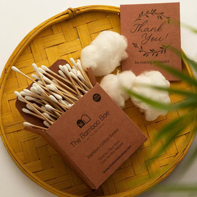 Eco-friendly bamboo cotton swabs – 100% natural, soft, absorbent, and biodegradable alternative to plastic earbuds.