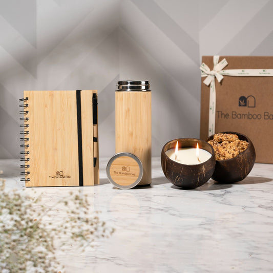 Eco-friendly bamboo spiral notebook with matching pen – sustainable stationery for office, school, and gifting.