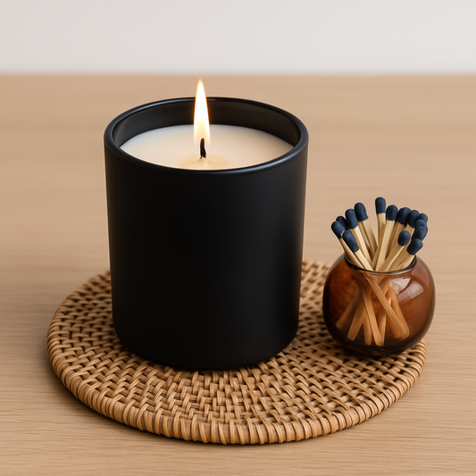 Eco-friendly soy wax candle in sleek black glass jar – premium sustainable décor and gifting option.