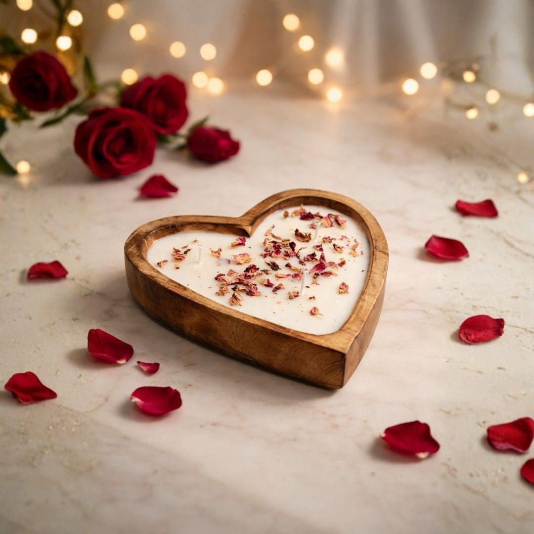 Valentine Heart Soy Wax Candle in Handcrafted Wooden Bowl | Romantic Eco-Friendly Gift