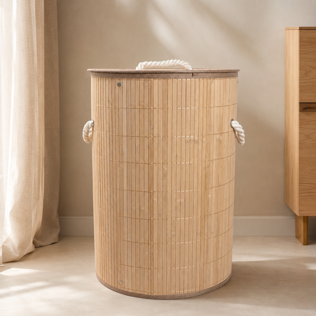 Bamboo Laundry Basket with Removable Fabric Liner &amp; Cotton Rope Handles