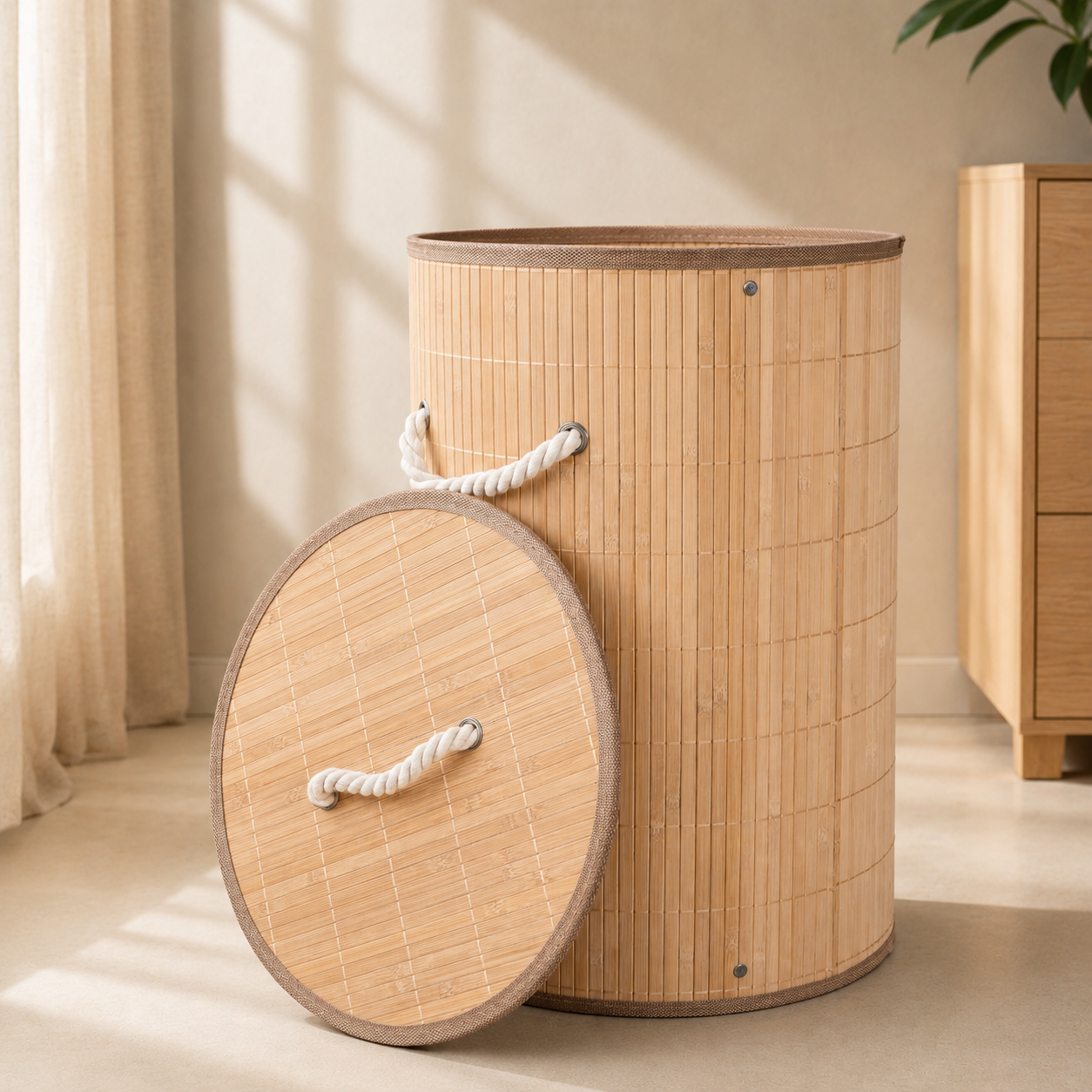 Bamboo Laundry Basket with Removable Fabric Liner &amp; Cotton Rope Handles