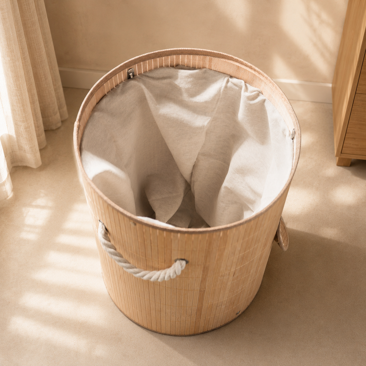 Bamboo Laundry Basket with Removable Fabric Liner &amp; Cotton Rope Handles