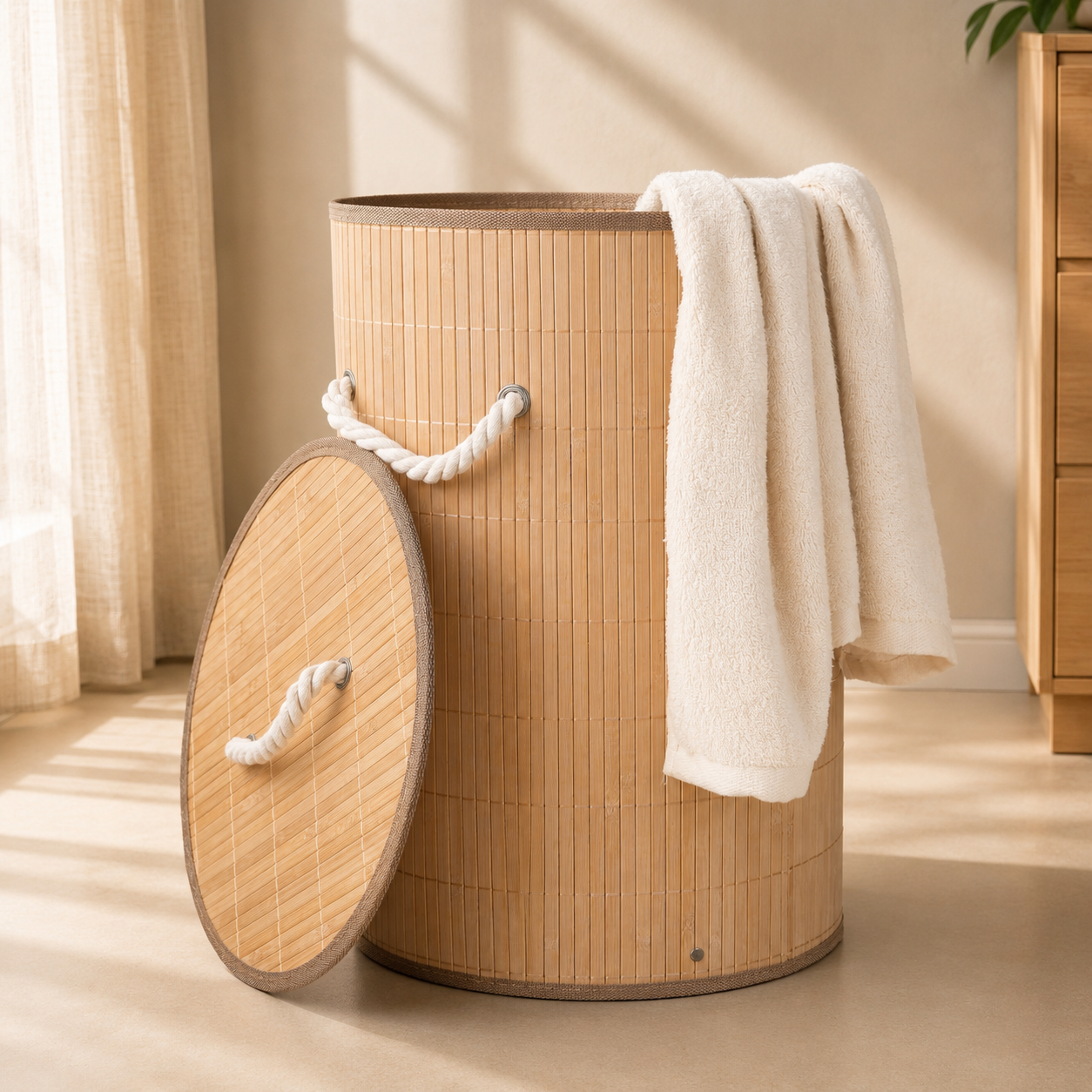 Bamboo Laundry Basket with Removable Fabric Liner &amp; Cotton Rope Handles
