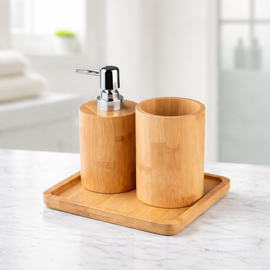 Bamboo Bathroom Set with Soap Dispenser, Toothbrush Holder and Tray | Wooden Bathroom Accessories Organizer Set