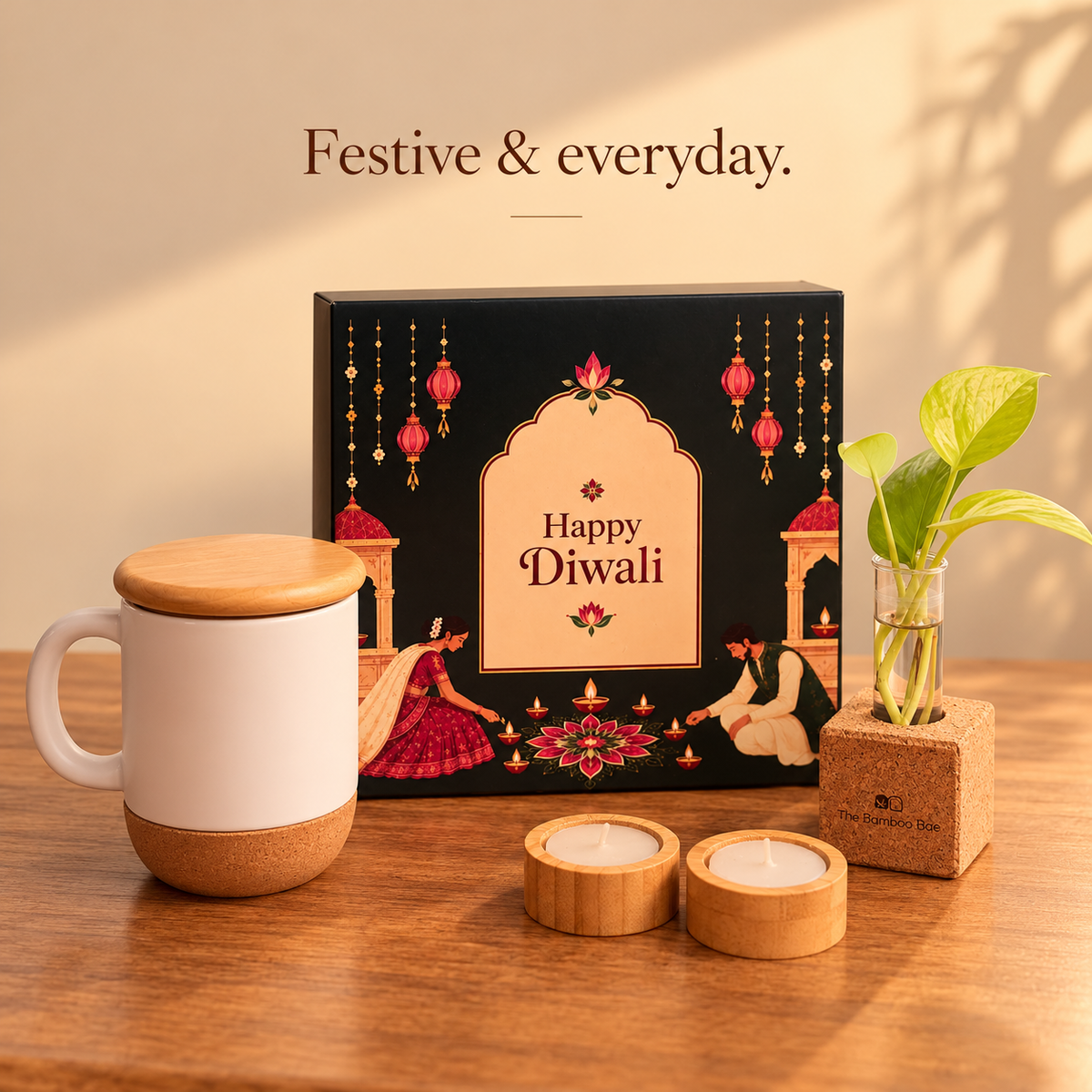 Premium Porcelain Mug, Bamboo Tealight Candles & Cork Planters – Eco-Friendly Festive Gift Hamper by The Bamboo Bae