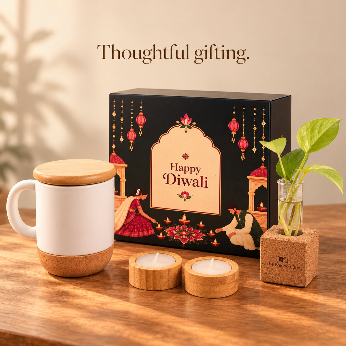 Premium Porcelain Mug, Bamboo Tealight Candles & Cork Planters – Eco-Friendly Festive Gift Hamper by The Bamboo Bae