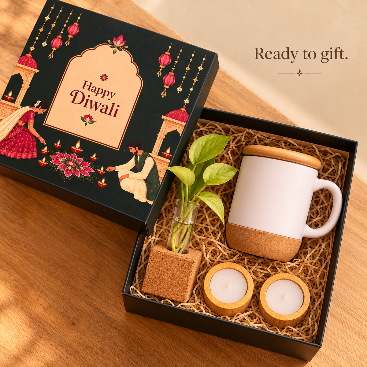 Premium Porcelain Mug, Bamboo Tealight Candles & Cork Planters – Eco-Friendly Festive Gift Hamper by The Bamboo Bae