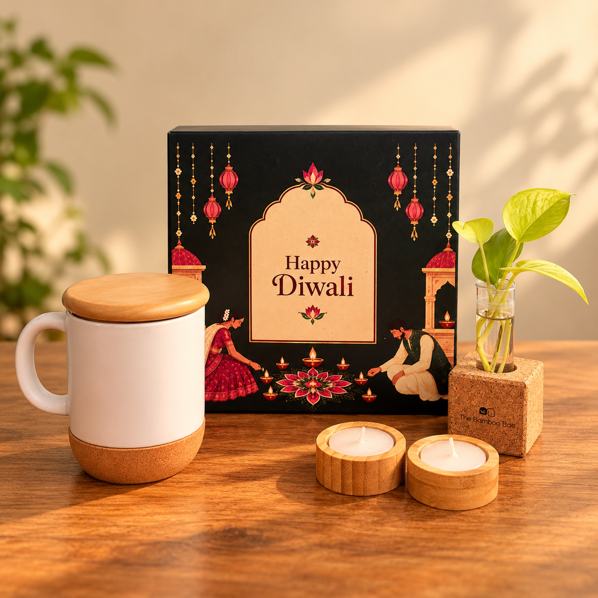Premium Porcelain Mug, Bamboo Tealight Candles & Cork Planters – Eco-Friendly Festive Gift Hamper by The Bamboo Bae