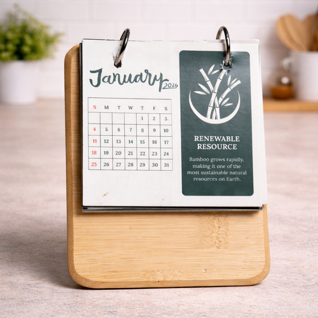 Sustainable Bamboo Table Calendar with Custom Branding – Vertical Stand
