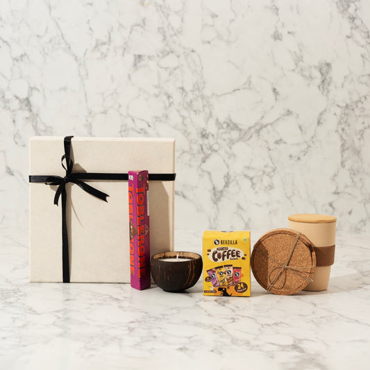 Coffee & Candle Gift Hamper | Bamboo Fibre Mug, Cork Coaster & Toblerone Treats | Diwali Gift Hamper