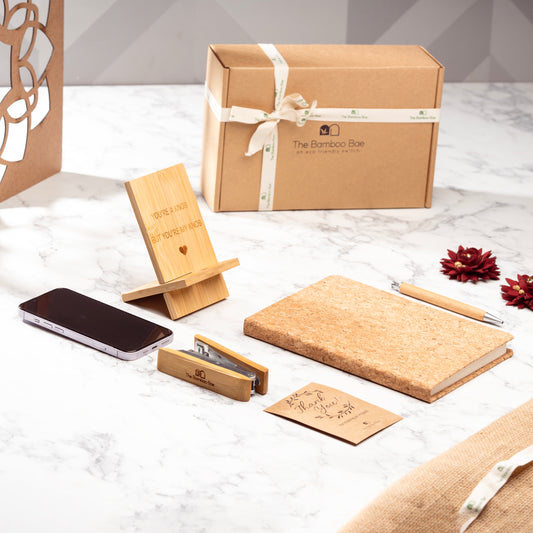 Premium eco-friendly gift hamper box with bamboo and cork essentials – ideal for corporate gifting.