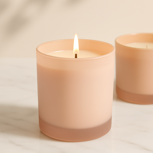 Soy wax candle in reusable frosted glass jar – eco-friendly home décor and gifting option.