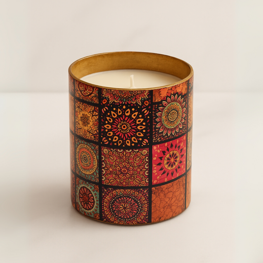 Eco-friendly soy wax candle in mandala design container – festive sustainable décor and gifting option.