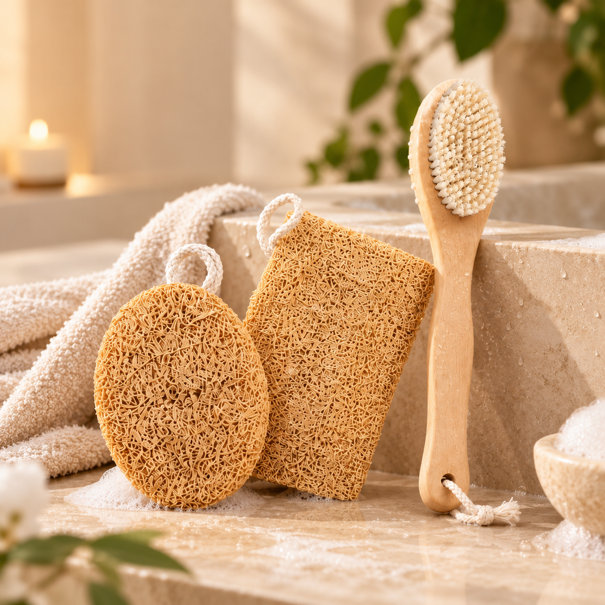 Natural Loofah Bath Combo Pack of 4 + 2-in-1 Body Bath Brush | Full Body Exfoliation Set