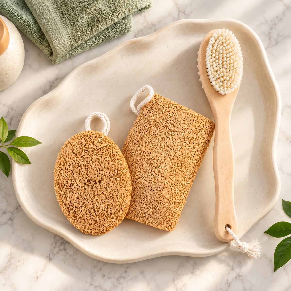 Natural Loofah Bath Combo Pack of 4 + 2-in-1 Body Bath Brush | Full Body Exfoliation Set