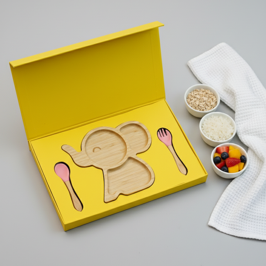 Elephant Shape Bamboo Feeding Plate with Fork & Spoon for Kids